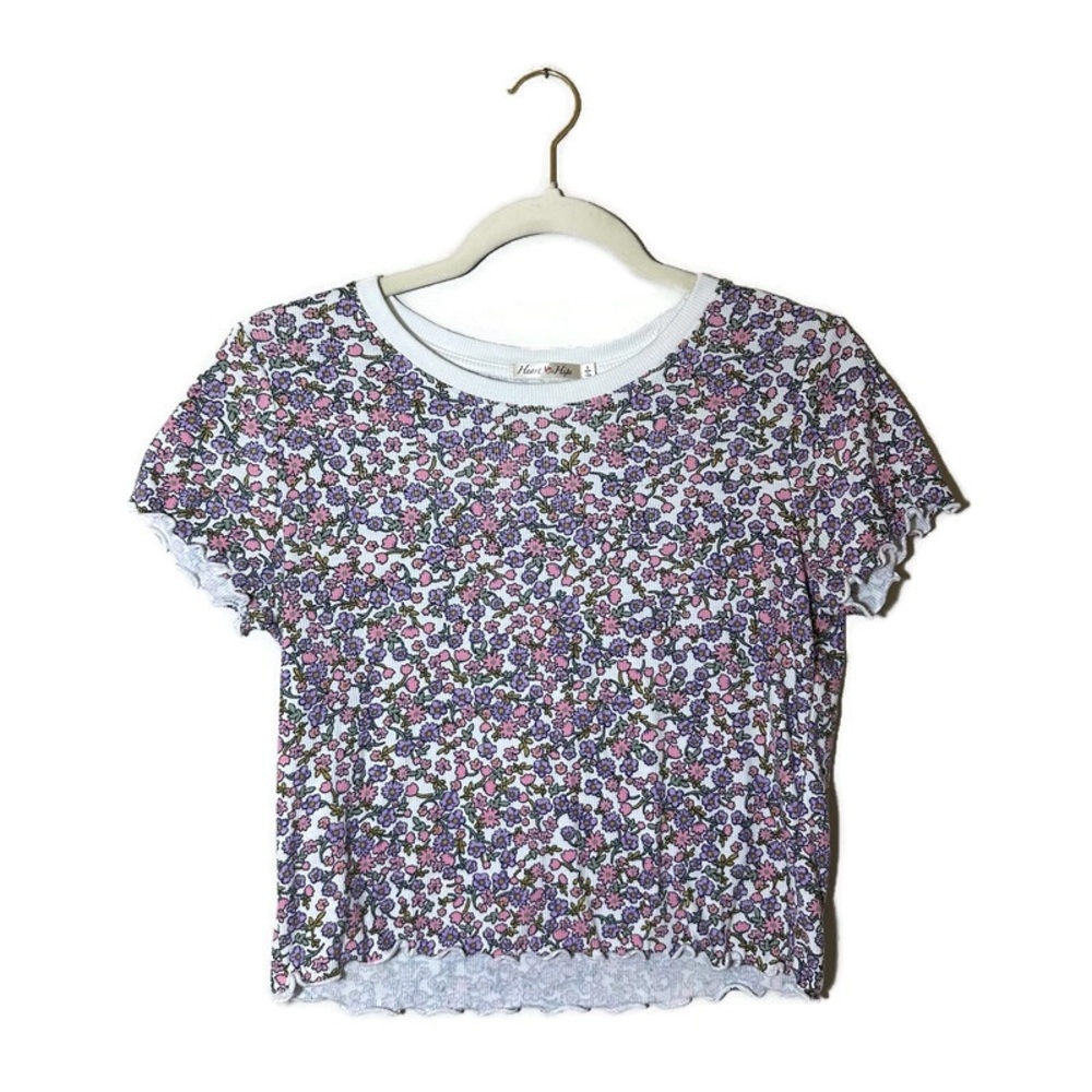 Heart and Hips Top Women's Large Pink & Purple Floral Print Cropped